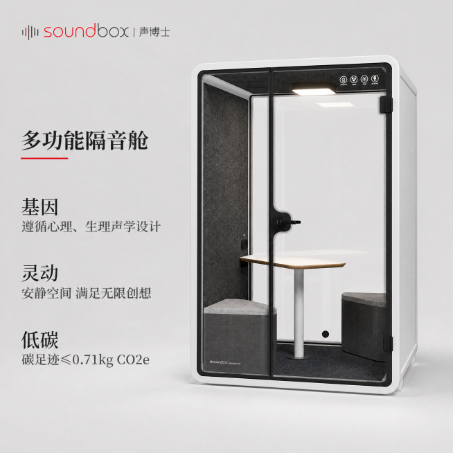 [主图-5] 双人沙发款多功能隔音舱展示，保持原产品外观结构和内部配置不变，去除底部红色促销活动信息，更换为干净简洁的浅灰色背景，保留品牌和卖点文案。风格：现代简约商务风格，符合京东平台简洁稳重要求。预览效果