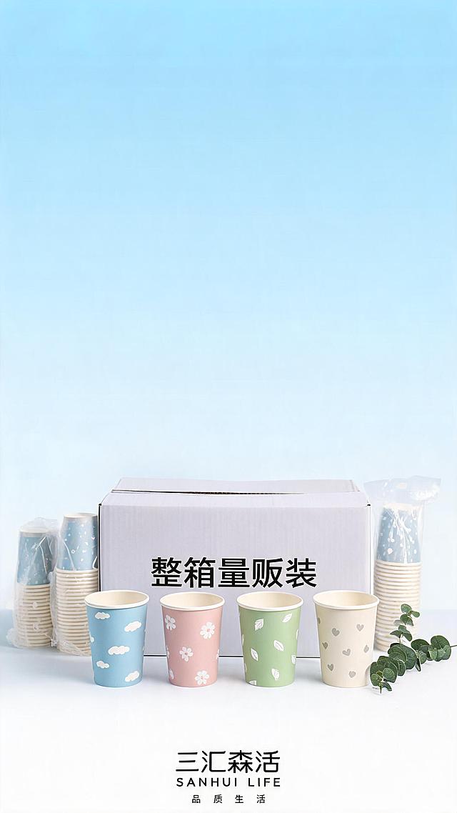 电商详情页尾屏，浅蓝色渐变背景，右下角点缀一小枝绿色植物，前景整箱多色祝福纸杯居中展示，纸箱前方错落摆放4款不同图案的纸杯，周围散落几提独立包装纸杯，整体清爽通透，突出整箱量大实惠，柔和自然光，简约清新风格，产品大场景摄影，干净高级，底部小字"三汇森活 品质生活"，8K高清，电商详情页风格，竖版长图，主色调白色浅蓝基底加绿蓝米粉四色莫兰迪点缀，极简留白设计，品牌三汇森活 SANHUI LIFE