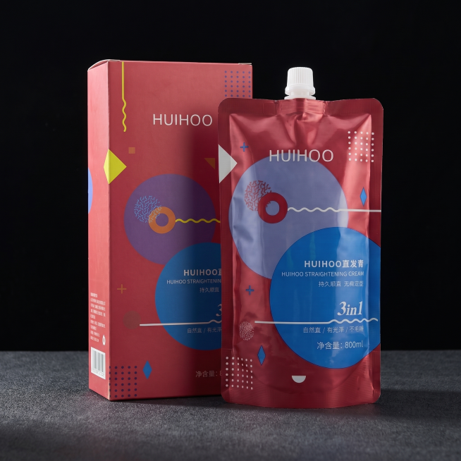 整体展示HUIHOO三合一软化直发膏整套产品包装，袋装和盒子搭配摆放，极简深色背景，高端商业摄影风格，突出产品品质感预览效果