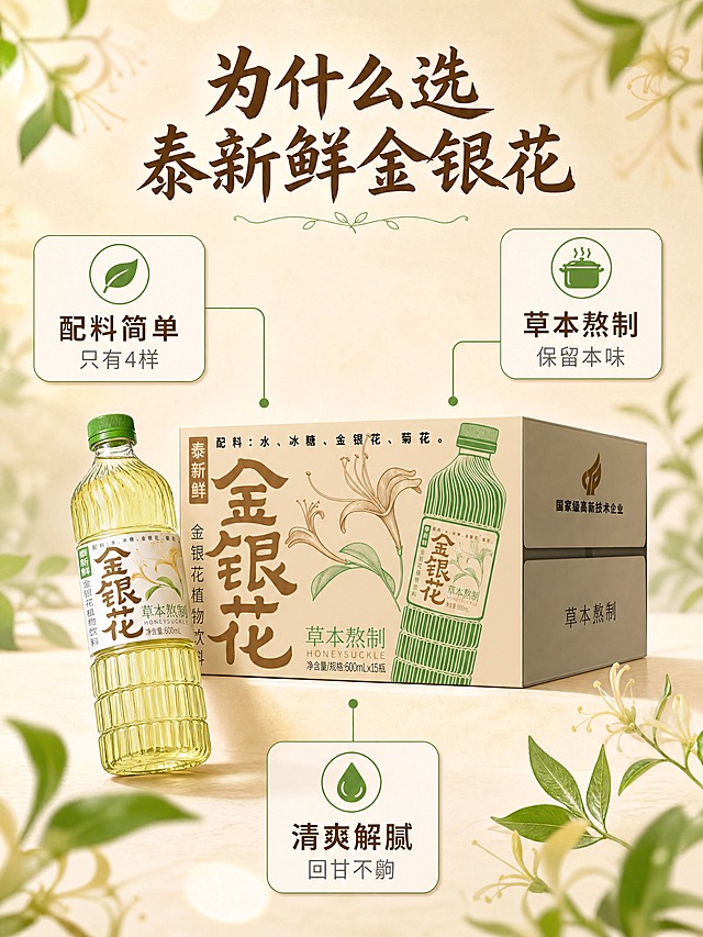 [商品] 使用【图1】泰新鲜金银花植物饮料整箱+单瓶；保留整箱和单瓶的全部外观、颜色、Logo、包装文字，清晰完整，不改变结构比例。
[画面] 目标：卖点拆解，3大核心理由一目了然。构图：中心引线型，整箱包装在画面正中央，占画面约50%，单瓶斜靠在整箱前方；从产品向四周引出3条细线，分别连接3个圆角信息卡——左上卡：配料干净；右上卡：草本熬制；下方卡：清爽解腻；每个信息卡配一个小图标（叶子/砂锅/水滴）；背景为浅米杏色渐变，四周有淡绿色草本枝叶虚化装饰；≥3层视觉层次（前景信息卡引线/中景产品主体/背景虚化植物）。
[视觉] 套系策略：风格=清新自然草本风商业摄影；标题字=手写感书法宋体（粗）；正文字=简洁无衬线体；主色=暖米杏；背景延展=基于暖米杏做深浅渐变、同色系纸张质感和柔和光斑；强调色=草木绿，仅用于小面积图标、引线、标签和装饰线条；标题色=深棕褐；正文色=中暖灰；组件=圆角浅底信息卡、细线引线、草本叶片装饰；光影=正面均匀柔光，产品立体感强，阴影柔和。
[文字] 顶部主标题"为什么选泰新鲜金银花"，3个信息卡分别写：「配料简单 只有4样」「草本熬制 保留本味」「清爽解腻 回甘不齁」；文字全部横排，字号适中，手机端清晰可读，不遮挡产品包装关键文字。
[规格] 图片比例3:4竖版，4K，负向提示：避免变形、错字、文字过小、冷蓝背景、引线杂乱、产品文字被遮挡。