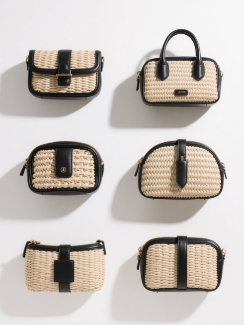 6个不同款式、不同类型、不同外观的包包，保持与原图一致的高清商业摄影风格，主色调为米色编织材质搭配黑色皮革装饰，每个包包展现独特的编织纹理、皮革细节和结构设计，柔和均匀的顶光照明，清晰的阴影细节，纯白背景，包包以整齐的矩形排列方式呈现，每个包包间距均匀，整体构图平衡对称，突出包包的材质质感和设计细节，无任何文字、LOGO、二维码及多余装饰元素。预览效果