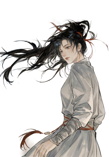 参考图中古风人物造型，将人物改为女性，保留原有水墨古风绘画风格、高束的黑色长发、浅灰古风服饰、飘带元素，生成女生古风立绘预览效果