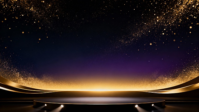 黑金渐变背景，深邃的蓝紫色为底，点缀无数金色细小光点如星尘般散布，底部有一条明亮的金色光带横向延展，光带边缘呈渐变模糊效果，下方配有几条流畅的金色曲线装饰，整体营造出神秘而奢华的氛围，光影柔和，色彩和谐统一，具有高端科技感和未来感。下方有个舞台，舞台上是全场的焦点，舞台几束光打亮舞台