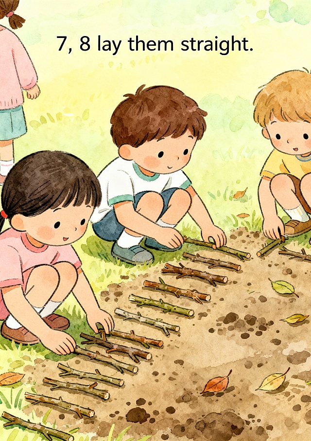 1, 2 Buckle My Shoe
1, 2 buckle my shoe.
3, 4 shut the door.
5, 6 pick up sticks.
7, 8 lay them straight.
9, 10 a big red hen.
每一行一张配图，谢谢