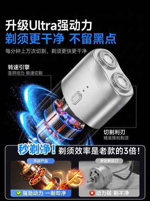 基于第一张电商海报修改：1. 把第一张图里的三刀头剃须刀产品换成第二张图的银色双剃须刀；2. 移除海报顶部的红色信息条；3. 将左下角标注文字“奥克斯顶配款”修改为“本款产品”；4. 保持原图所有其他预览效果