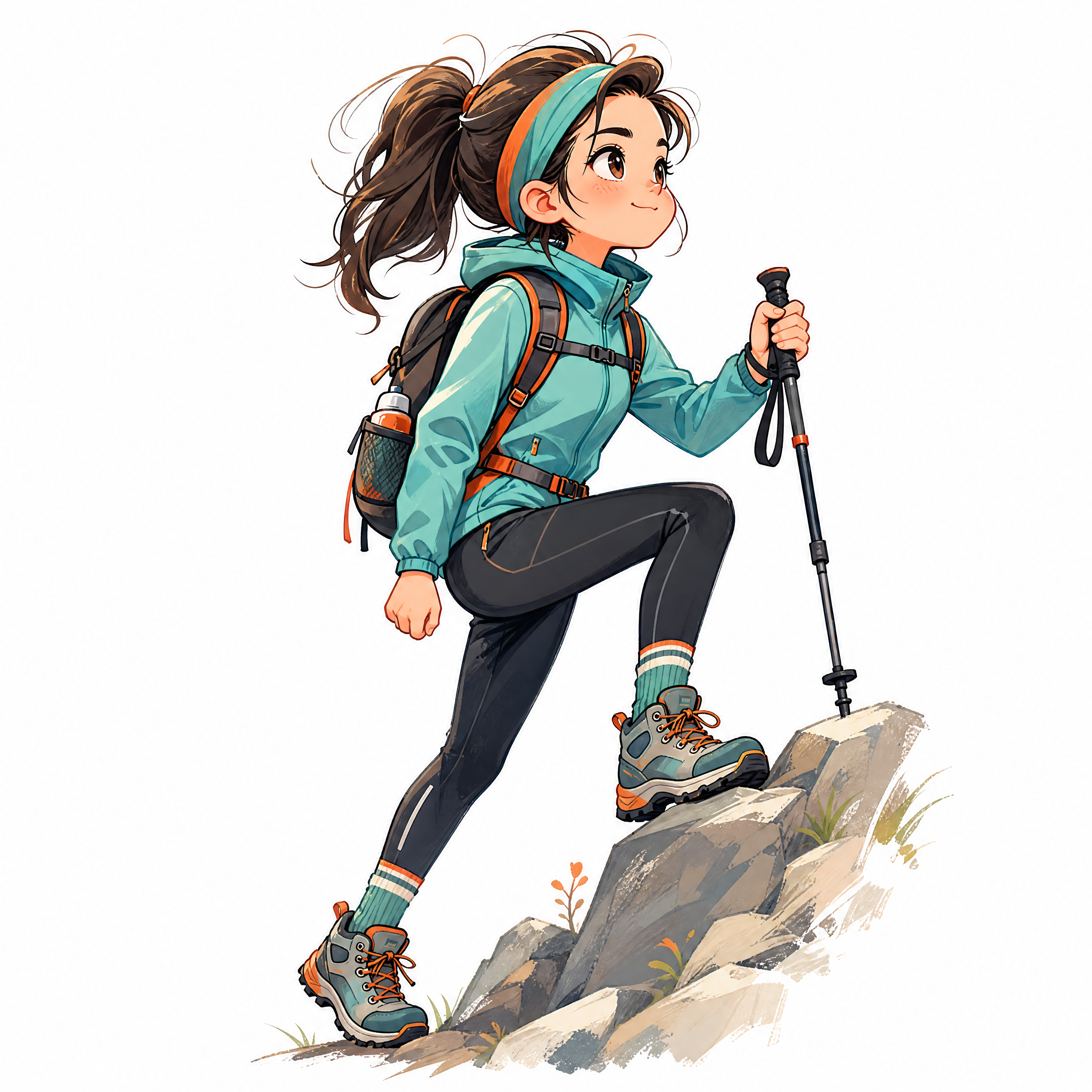 Q版手绘卡通风格年轻女性正在爬山，抽象简约风格，潮流运动穿搭，… - 图片创意预览