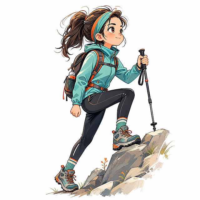 Q版手绘卡通风格年轻女性正在爬山，抽象简约风格，潮流运动穿搭，身穿户外速干衣和运动leggings，脚穿登山鞋，背小型登山包，手持登山杖，爬山攀登姿势，表情坚定有活力，白色背景，人物比例协调统一，手绘卡通风格，矢量感，色彩丰富，细节丰富，明显的手绘笔触感，全身像
