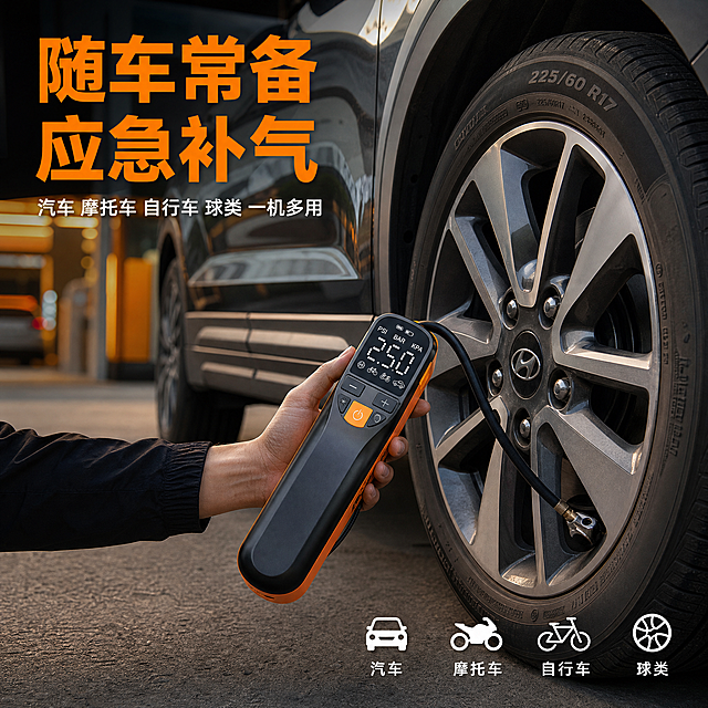 [主图-4] 真实使用场景图，展示车载充气泵在汽车轮胎充气场景中的实际使用状态。
[统一基调] 整体风格为科技感专业品质风，主标题字色为亮橙色，辅助字色为白色，强调色为橙色，字体为现代无衬线粗体，字号层级分明，整体简洁大气。
[画面] 真实户外停车场或车库场景，一辆家用轿车（黑色或白色SUV/轿车）停在画面中，右前轮处有一只手正握着充气泵，充气嘴连接在轮胎气门嘴上，充气泵屏幕亮着显示胎压数值。产品处于工作状态，线材自然连接。场景背景为虚化的停车场环境，暖黄色调与产品科技感形成对比。画面左上角有主标题"随车常备 应急补气"，下方小字"汽车 摩托车 自行车 球类 一机多用"。画面右下角有四个小图标分别代表汽车、摩托车、自行车、球类，表明适用范围。
[光影质感] 真实自然光摄影质感，场景光线自然，产品在场景中有真实的光影投射，材质表现与棚拍一致，屏幕有发光效果，整体融合自然无悬浮感。
[配色] 场景以真实环境色为主，深灰地面与车身颜色自然，产品橙黑配色突出，标题文字为橙色，辅助文字白色，整体视觉统一。
[文字版式] 主标题"随车常备 应急补气"采用大号粗体亮橙色字体，位于画面左上方；副标题采用中号白色字体，位于主标题下方；右下角四个适用场景图标配白色小字说明；文字均不遮挡产品与轮胎操作区域。
[输出要求] 1:1正方形比例，2048*2048像素，场景真实自然，产品清晰，操作动作合理。禁止变形、错字、模糊、杂乱、水印、平台Logo、人物面部出现。