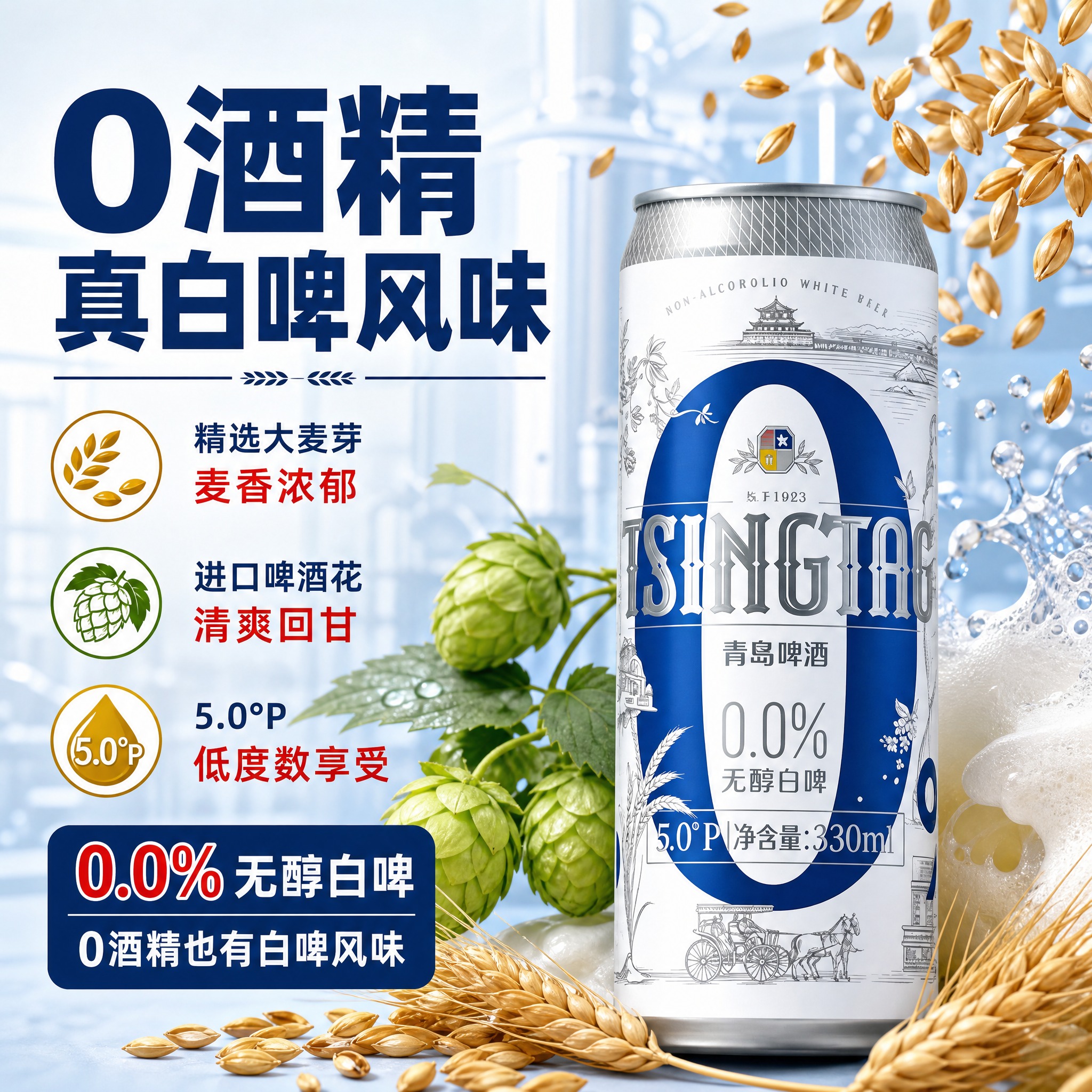 [主图-2] 青岛啤酒0.0%无醇白啤核心卖点图，突出0酒精也… - 图片创意预览