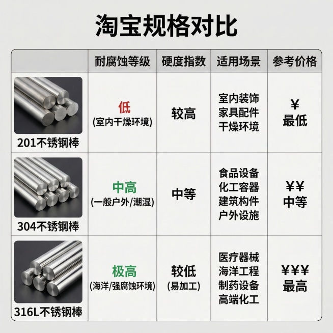 淘宝规格对比图，采用清晰的表格形式，横向对比304、316L、201三种不锈钢棒的耐腐蚀等级、硬度指数、适用场景、参考价格，表格左侧对应展示三种材质的不锈钢棒实物图，背景浅灰，文字清晰易读，帮助用户快预览效果