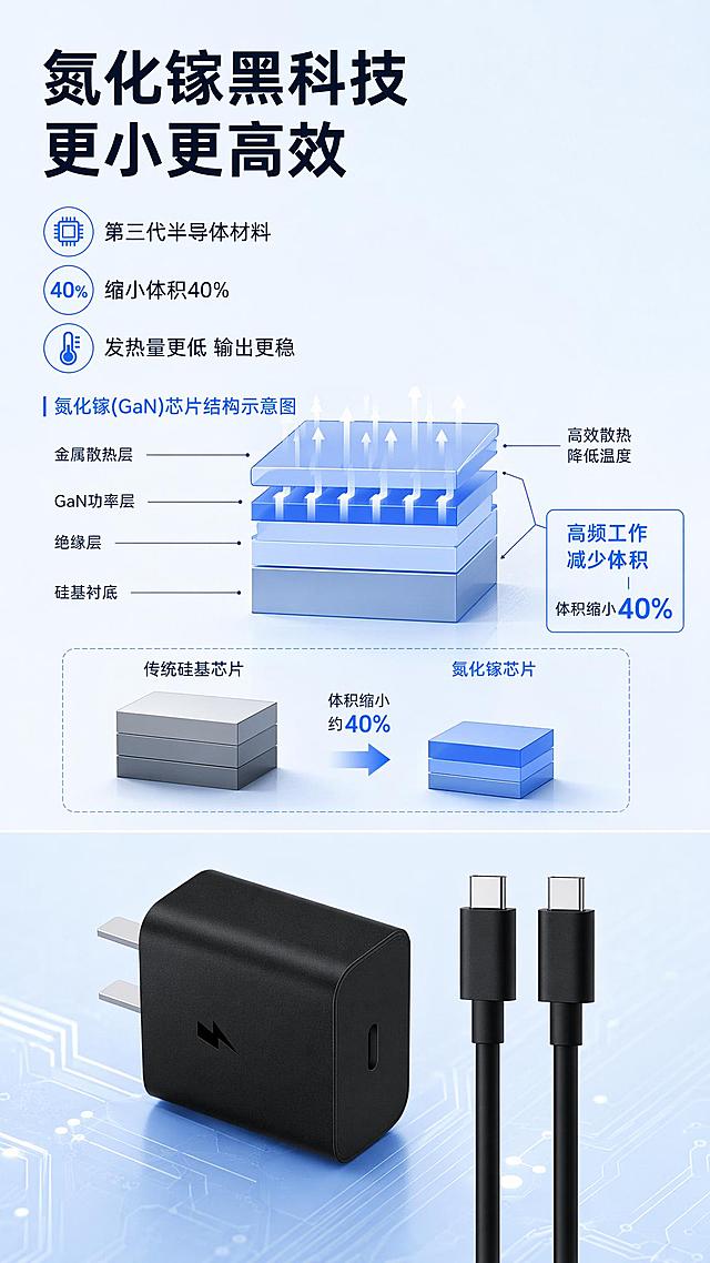 [第4屏] 核心技术解析页-氮化镓技术原理，本屏使用【图2】作为产品主体。[氛围/风格]专业科技风，可视化原理展示，清晰易懂。[元素布局]上半部分是氮化镓芯片结构示意图，占比约1/2屏，下半部分放置黑色快充头产品，保留产品外观与原图一致，示意图标注芯片缩小体积原理。[光影质感]对比清晰，示意图线条明快，产品光影自然，整体通透干净。[配色色系]全局底色 #e8f4ff，示意图蓝色线条，深灰色标注，产品黑色保持不变。[视角构图]上下分屏结构，上原理下产品，从原理到实物认知流畅。[文字版式]顶部大标题「氮化镓黑科技 更小更高效」，分点说明：「第三代半导体材料」「缩小体积40%」「发热量更低 输出更稳」，每点1行文字，左对齐排版，字号清晰。[比例分辨率]9:16竖版比例，分辨率2K，高清画质，文字清晰可辨。[负向提示词]产品变形，颜色偏差，文字错乱，结构错误，原理示意图模糊
