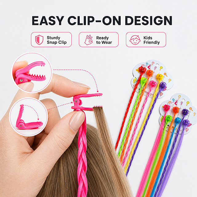 [主图-3] 商品名称：4 Pack Kids Clip-In Hair Extensions with 6 Vivid Colors – Braided & Straight Hair Pieces for Dance Party & Performance。唯一任务：夹子结构与佩戴方式功能图，证明开夹、夹上与固定的操作路径简单可靠。
[统一基调] 明亮干净的跨境电商 listing 视觉：背景主色为冷白到浅灰白的柔和棚拍底（#F2F3F5 系）；主标题字色为近黑炭灰（#1E2226），辅助文案统一缩小 60% 同为炭灰；强调色统一为亮粉红（#FF4D8D），只用于细线图标标签与小面积标记；全套只用一种现代无衬线粗体字体外观，允许字号层级变化，不混用字体、不拉伸压扁；组件统一为圆角细边图标标签、细线放大圈与轻微半透明白底小卡片，不用厚重色块、通栏和边框；柔和影棚柔光，浅色柔和接触影，画面通透干净。
[画面] 冷白浅灰影棚背景，主视觉为局部特写：一只欧美成年女性手模的手（肤色白皙、指甲干净）捏住彩色镂空花瓣夹子两侧让夹口张开，正对一束已编好的真实发束，手指数量自然、无多余手指、无融合穿模；画面左侧用细线放大圈放大夹子的齿状咬合面、弹性开口与夹片弧度；右侧平放两包待用发片作为语境组件；产品整体占画面 62%，中部与上方留出文字留白；不使用花朵、礼盒等无关道具。
[光影质感] 柔和影棚柔光，浅色接触影稳定托住手与产品，塑料夹子呈现细腻高光，发丝顺滑有光泽，手部皮肤自然不过曝。
[配色] 冷白浅灰底，产品彩虹色与粉色强调标签为画面仅有的彩色区域。
[文字版式] 主标题英文「EASY CLIP-ON DESIGN」横排于中部留白，炭灰粗体最大；三个圆角细边图标标签依次为「Sturdy Snap Clip」「Ready to Wear」「Kids Friendly」，字号比主标题小 60%；放大圈内不压文字，不出现中文。
[输出要求] 1:1 正方形，操作动作与结构清楚；负向：变形、错字、模糊、杂乱、多余手指、畸形手、水印、平台 Logo、中文。