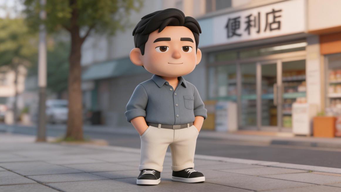 Q版男性角色陈默，现代都市日常风格，30岁左右普通工薪族，身材微瘦、身形圆润可爱，穿着洗得略旧的简约工装衬衫搭配休闲长裤与帆布鞋，发型普通利落，面部线条柔和圆润，眼神略带疲惫但温和正直，整体气质朴实接预览效果