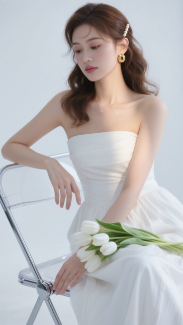 半身构图，身着白色无肩带抹胸裙的女性侧坐于透明亚克力椅上，左手轻搭椅背形成优雅的三角支撑，右手自然垂落轻抚裙摆褶皱，棕色微卷长发以珍珠发簪松松挽起，几缕发丝随肩部线条滑落至锁骨处。温柔杏眼微垂凝视前方虚化的白色郁金香花束，自然野生眉与浅棕色眼影形成柔和渐变，内眼线在眼尾处微微上扬，裸粉色唇釉泛着水光感，金色圆形耳环在柔和顶光下折射出细碎光斑。纯净的乳白色背景中，人物左侧脸颊至锁骨处有渐变的柔光……预览效果