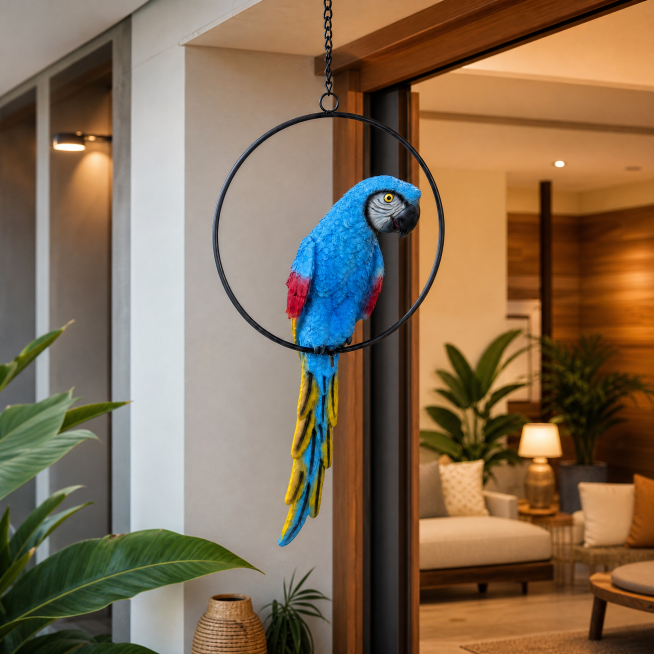 [Main Image 3] Hanging Blue Macaw decoration displayed in an indoor living room entrance scene. Keep预览效果