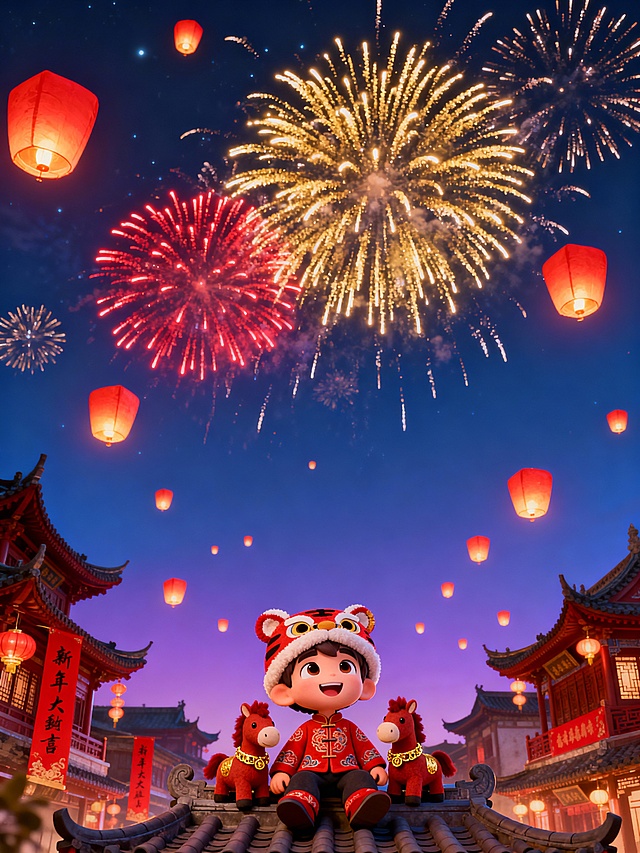 3D 卡通风格，迪士尼萌系渲染，国风新年主题。主体：Q 版可爱小男孩，身着红色中式新年服饰、头戴虎头帽，笑容灿烂坐在中式古建筑屋顶，身旁依偎两只红棕色卡通小马玩偶（马年元素），仰头望向夜空。场景：夜晚的中式古镇，飞檐翘角的传统古建筑群，渐变蓝紫色夜空，空中飘满红色孔明灯，绽放金色、红色的绚烂烟花。色彩：主色调为红色（服饰、灯笼、建筑装饰）、金色（烟花、装饰细节），搭配蓝紫色夜空，暖冷对比鲜明，营造喜庆热烈的新年氛围。构图：低角度仰视视角，主体居中，上半部分为烟花夜空，下半部分为古建筑，层次分明。细节：建筑悬挂红色春联（新年吉祥语）、中式灯笼，烟花动态绽放，孔明灯暖光点缀，小马佩戴金色项圈，男孩服饰有传统纹样。元素位置：男孩与小马在画面中下部屋顶中央，烟花分布在上部夜空，孔明灯散落在画面左右及上方，古建筑群分布于画面两侧及下方。