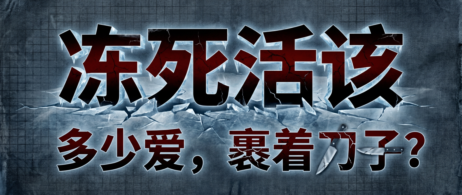 纯文字排版，让文字本身形成画面：

用两行大字：“冻死活该”和“多少爱，裹着刀子？”。

“冻死活该”用粗黑字体，颜色暗红或黑，字号大，仿佛从裂开的冰面中透出来。
“裹着刀子”四个字，可以做一个设计：预览效果