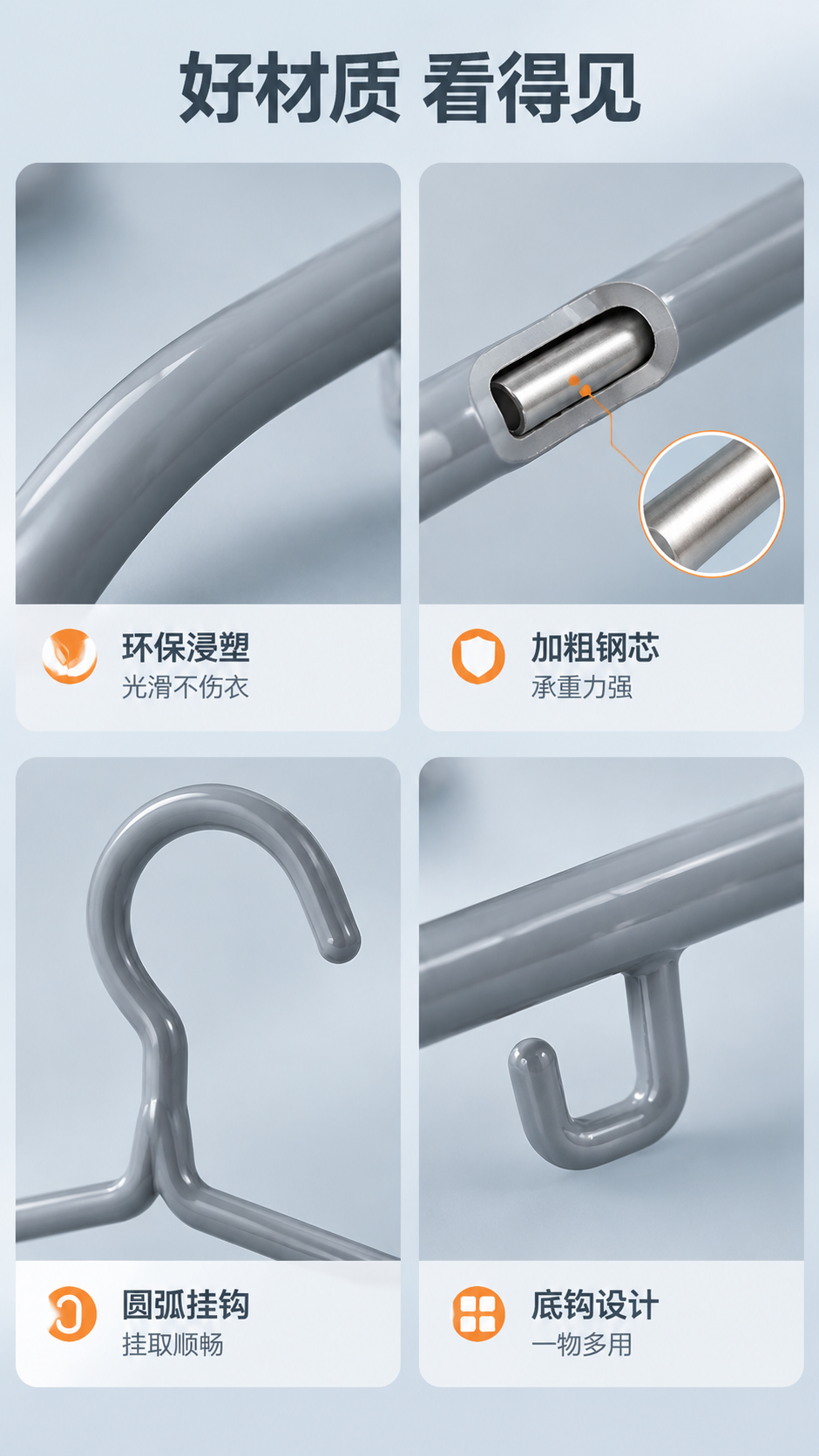 [商品] 使用【图1】灰色浸塑衣架；微距放大展示浸塑表层细腻质… - 图片创意预览