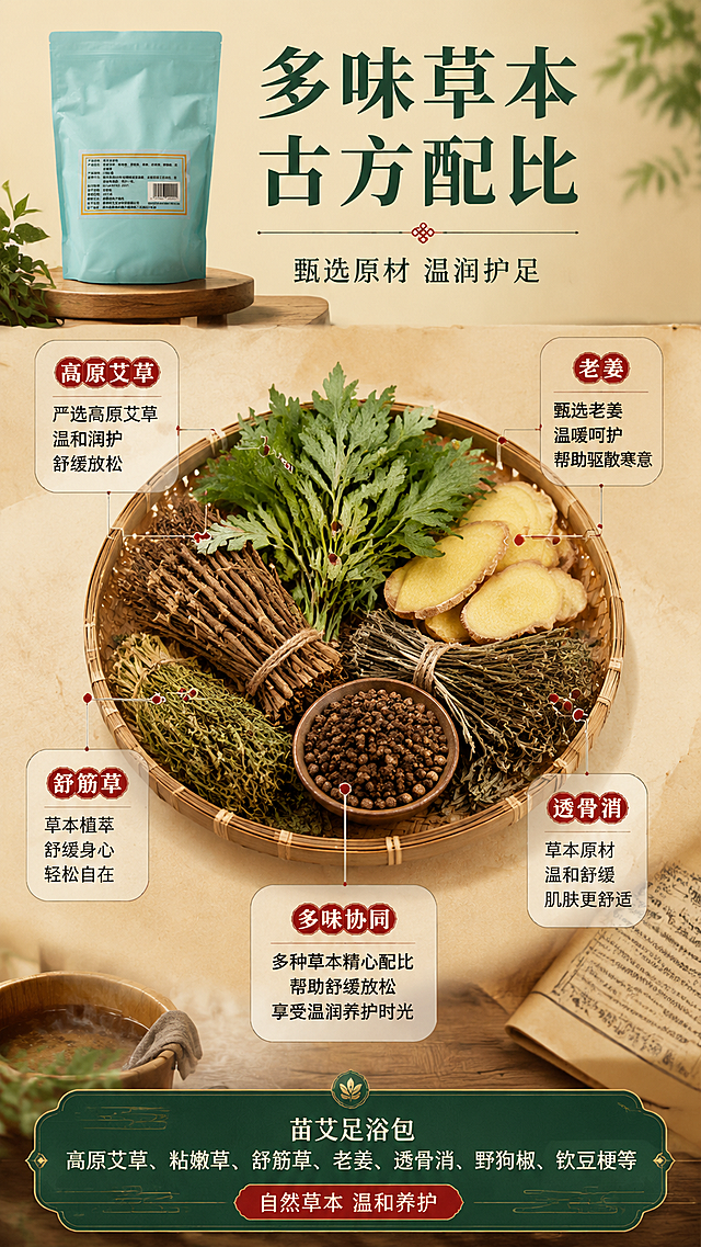 [商品] 使用【图1】浩艾乾康苗艾足浴包背面成分说明面作为参考依据；保留产品浅蓝色袋身、成分标签的整体版式与文字内容（高原艾草、粘孃草、舒筋草、老姜、透骨消、野狗椒、钦豆梗等）；产品以左上角小图形式出现，作为成分来源佐证，不改变标签文字。
[画面] 目标：成分解析页，展示多味草本原材与古方配比价值。构图：中心环绕式，中央为草本原材组合摆拍（艾草叶、老姜片、草药束等真实草本素材），四周用引线标注对应成分名称与作用；产品小图置于左上角；景别为中景俯拍，背景为浅米黄宣纸质感底，带木纹桌面层次。
[视觉] 套系策略：风格=中式草本养生商业摄影风；标题字=宋体加粗（中式衬线）；正文字=简洁黑体；主色=艾草青绿+暖木棕；背景延展=基于暖木棕与艾草青绿做深浅层级、同色渐变和木纹/宣纸质感；强调色=朱砂红，仅用于小面积标签、引线和重点字高亮；标题色=深墨绿；正文色=深棕灰；组件=圆角米白信息卡、细金线引线、中式印章式标签；光影=顶侧暖柔光，草本材质真实自然。
[文字] 顶部主标题「多味草本 古方配比」；副标题「甄选原材 温润护足」；围绕草本标注4-5个核心成分短说明：「高原艾草」「老姜」「舒筋草」「透骨消」「多味协同」；文字全部横排。
[规格] 抖音9:16竖版，4K分辨率，负向提示：避免虚构成分功效、医疗治疗承诺、极限词、产品标签文字改写、冷蓝背景、竖排文字。