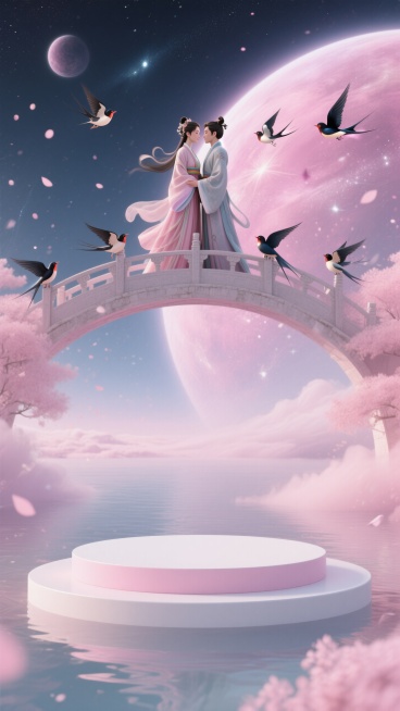 顶部有古装男女站在桥上相拥周围有喜鹊（不要超过画面中间）；画面底部有一个梦幻粉白色圆形展台（不要出现任何东西），背后是粉色的银河和星球，柔光粒子飘散。预览效果