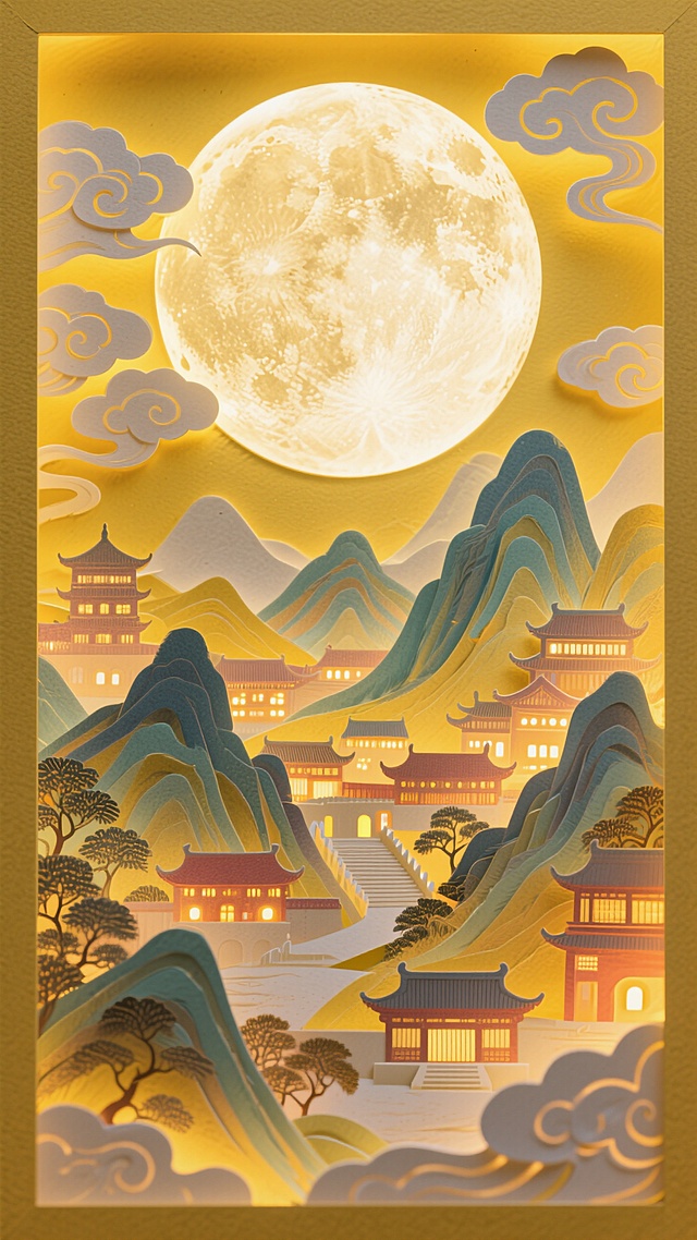 一轮巨大的圆月为占据画面中心的特写，底部以工笔风格呈现出全景的山峦叠嶂间呈现古今建筑里万家灯火渐变温暖的光影，祥云装饰，突显中秋节日氛围，黄色调基底