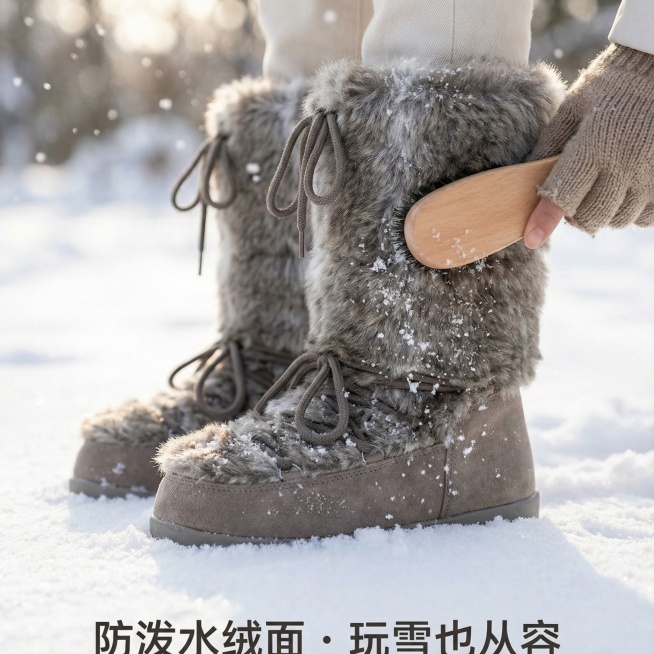 画面： 真实雪地场景。靴子踩在干净的雪地上，旁边有散落的雪花。可以有一只手轻轻拂过靴面的雪，展示雪落在绒毛上的质感（但不渗透）。

文案： 「防泼水绒面 · 玩雪也从容」 或 「踏雪不湿脚，冬日小确幸预览效果