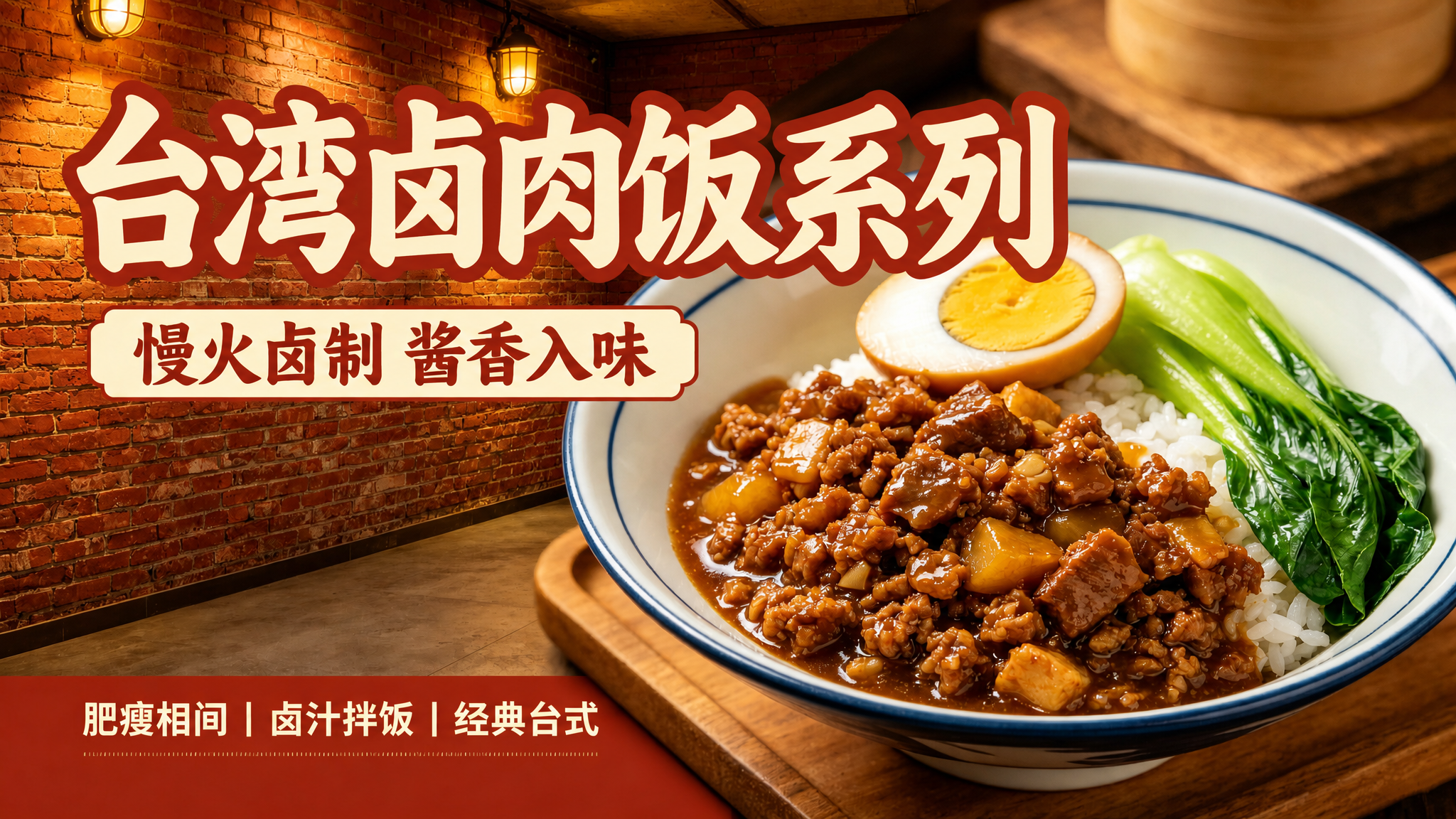 基于这张卤肉饭海报进行修改，保留原图版式骨架、红砖墙复古暖光氛… - 图片创意预览
