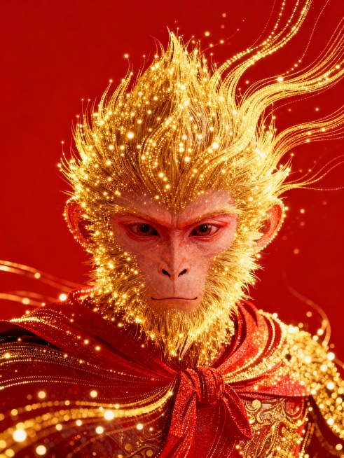 由无数金色光点组成的极简抽象孙悟空的头的轮廓，长长的猴毛飘逸，中心构图，在极简的红色背景中，光点随轮廓律动形成流动轨迹，通过动态的光影变化讲述神秘的生命韵律故事，充满活力的色彩调色板，高对比度，康定斯预览效果