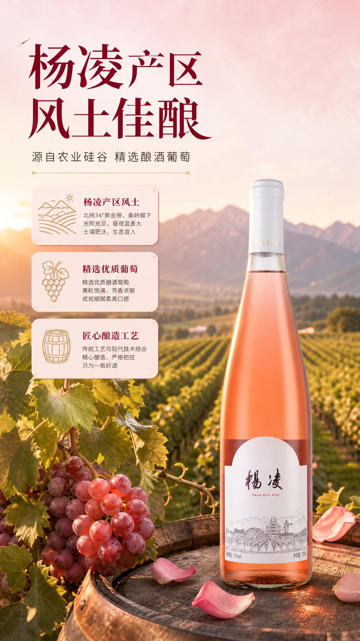 [商品] 使用【图1】杨凌甜型桃红葡萄酒；保留瓶身结构、比例、… - 图片创意预览