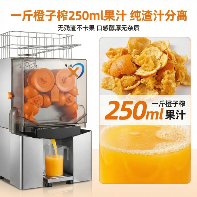 电商平台1:1竖版主图，杂志级对比排版，8K超高清商业摄影质感，光影通透干净，整体高级商务风，和首图风格完全统一。画面采用左右对比布局，左侧50%版面放置产品主体，采用正面特写角度，重点拍摄出汁口出汁预览效果