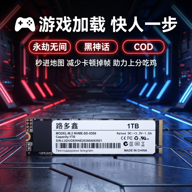 [主图 5] 路多鑫NVMe固态硬盘游戏电竞优化卖点；
[氛围风格] 电竞科技风，热血游戏氛围感；
[画质] 商业摄影质感，C4D Octane物理级超写实渲染，产品清晰真实，画面干净高级；
[元素]预览效果