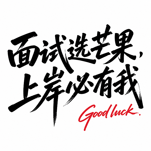 参考原图的手写毛笔书法风格，将文字内容替换为"面试选芒果，上岸必有我"，主文字使用黑色粗毛笔笔触，右下角添加红色手写英文搭配，保持白色背景，整体排版和风格和参考图一致