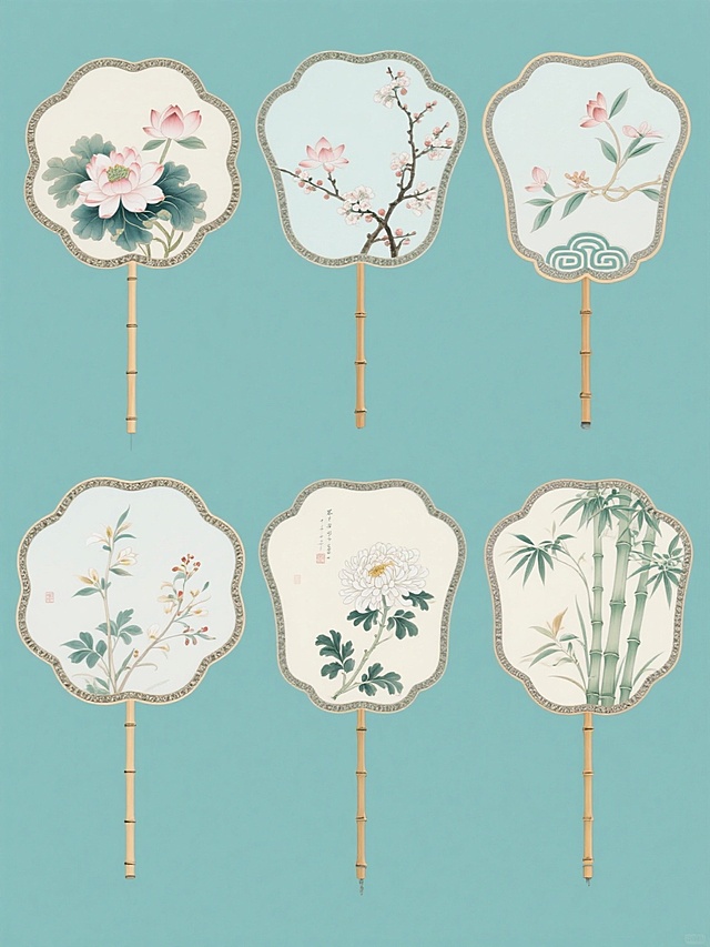 中国传统工笔手绘风格团扇素材集合，6个不同造型、形状、样式的扇子规整排布于纯色背景上，保持工笔画细腻线条、淡雅设色、柔和光影的艺术风格，画面整体色彩变换为清新的蓝绿色调，每个扇子扇面分别绘制不同的传统花卉（牡丹、荷花、梅花、兰花、菊花、竹子）与吉祥纹样，扇骨为原木色竹制，扇面边缘有精致的云纹或回纹装饰，整体构图对称均衡，线条流畅，色彩和谐，具有浓厚的中国传统文化韵味和雅致的装饰美感。