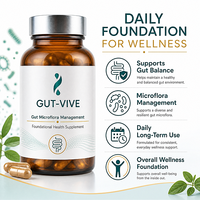 GUT-VIVE gut microflora management, foundational health supplement for daily long-term use, supports overall wellness foundation. Clean professional 1:1 square design for Amazon main image, all text in English, reference the benefit component layout from example image 5