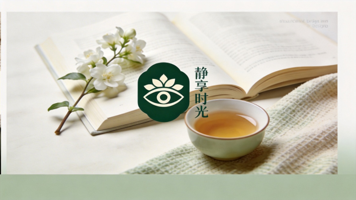高品质静谧风海报设计，中央放置品牌Logo（茉莉花与眼睛融合图形），右侧放置Slogan“静享时光”，删除所有多余文字和色值标注，画面干净无杂质。背景为有呼吸感的静物摄影：一本摊开的书旁摆放一枝茉莉花预览效果