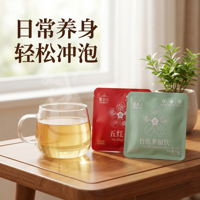 [主图 4] 日常冲泡场景展示，增强生活代入感。[氛围风格] 温馨自然，生活化养生氛围；[画质] 商业摄影质感，光线柔和通透，产品清晰真实，画面干净高级；[元素] 原木茶桌上摆放一个透明玻璃杯，泡好一预览效果