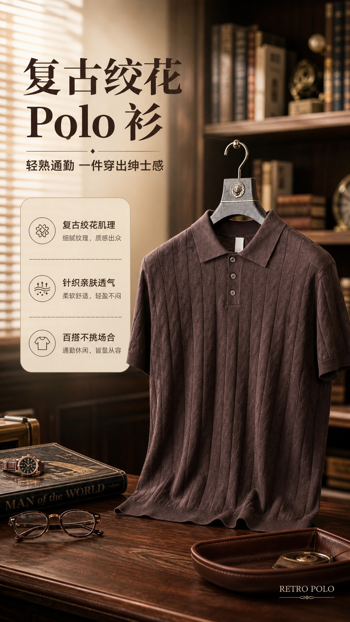 [商品] 使用【图1】深咖色男士绞花针织短袖Polo衫；商品处… - 图片创意预览