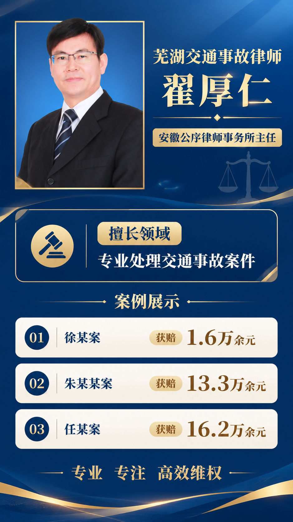 专业商务律师形象海报，竖版9:16，深蓝色渐变背景搭配金色装饰… - 图片创意预览