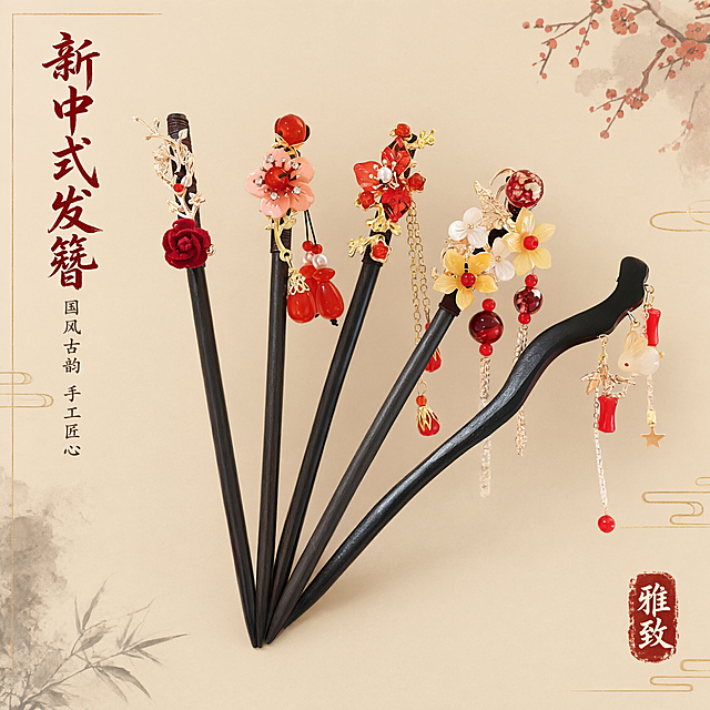[主图-1] 首图点击率，展示新中式红檀木流苏发簪套装的整体颜值与国风氛围，突出产品高级质感与礼赠价值。
[统一基调] 整体风格为雅致新中式国风，背景主色为暖米色浅宣纸质感，标题字色为朱砂红，辅助字色为深棕褐色，强调色为金色，字体为书法感宋体，字号层级分明，装饰元素为梅花枝桠、水墨晕染、金色细线条，整体精致克制有留白。
[画面] 画面中央展示6款不同造型的红檀木发簪，呈扇形优雅散开排列，主体占比约65%。发簪包含红玫瑰款、粉花红果流苏款、红花金枝款、黄花白珠流苏款、弯柄玉兔款等不同造型，保持原图产品外观、材质、颜色、结构完全一致。背景为浅米色宣纸质感，右上角点缀几枝淡红色梅花枝桠与水墨晕染，左下角有淡淡的竹叶影子。产品下方有柔和的接触阴影，呈现自然摆放的立体感。
[光影质感] 商业摄影柔光质感，主光从左上方45度照射，金属配件有柔和高光，红檀木呈现温润哑光质感，珠子与花朵细节通透清晰，整体光影柔和均匀，无硬阴影。
[配色] 主背景暖米色，产品以黑色檀木、朱砂红、金色、米白为主色调，整体色调温暖雅致，符合新中式美学。
[文字版式] 画面左上角竖排书法字体主标题"新中式发簪"，下方小字"国风古韵 手工匠心"，字体为书法宋体，朱砂红色。画面右下角有一枚红色印章样式装饰，内有"雅致"二字。文字不遮挡产品主体，放在负空间位置。
[输出要求] 1:1正方形比例，2048x2048像素，产品清晰锐利，文字清晰可读，整体高级有质感。负向：变形、错字、模糊、杂乱、水印、平台Logo、塑料感、廉价感、产品结构错误、颜色偏差。