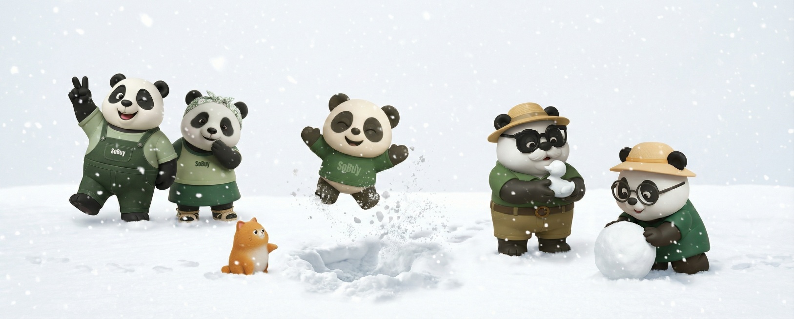 画面中的熊猫一家人正在漫天飞雪的雪地中玩乐，其中画面中间的小熊猫开心的蹦起来连带起一地雪花，地上还留着它的脚印坑，画面右侧数第二个戴眼镜的熊猫手里捏了一只雪鸭子，画面最右侧的熊猫正在堆雪球预览效果