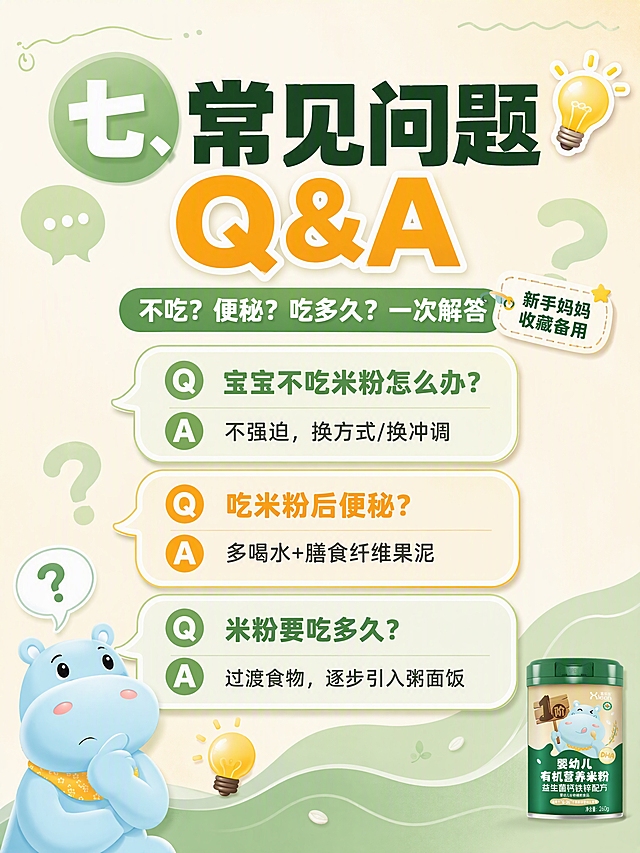 小红书笔记大字封面，插图大字，ins清新母婴科普风，版式精美，小红书笔记封面质感，适合信息流点击。主标题必须完整呈现且为画面视觉中心，逐字锁定：「七、常见问题Q&A」。主标题字号占画面约45%视觉权重，清晰可读，不得增删改字。副标题：「不吃？便秘？吃多久？一次解答」。装饰短句/角标：「新手妈妈收藏备用」。背景：暖米黄色渐变底+浅绿色细波浪装饰，参考喜乐臣配色，温馨亲切。标题排版：扁平粗黑体，深墨绿色主标题，Q&A字母加橙黄色高亮，序号「七」加浅绿色圆角色块，采用插图大字L02人物+文本框策略。知识要点区：画面中部用3个对话气泡式卡片纵向排列，分别是：Q：宝宝不吃米粉怎么办？A：不强迫，换方式/换冲调；Q：吃米粉后便秘？A：多喝水+膳食纤维果泥；Q：米粉要吃多久？A：过渡食物，逐步引入粥面饭。问答用不同颜色区分，清晰易读。插画元素：画面左下角放小型浅蓝色河马IP形象，尺寸约占画面1/10，托着下巴思考状，头上有问号气泡；旁边有小灯泡插画。产品软广：右下角放一个极小的喜乐臣米粉罐侧影，仅作品牌轻露出。装饰：emoji贴纸1个（💡）放在右上角；另加问号和对话气泡轻装饰。整体氛围：答疑解惑、贴心实用、收藏向。画质：高清细腻，信息层级清晰，强对比，文字安全。画面比例3:4，4K。