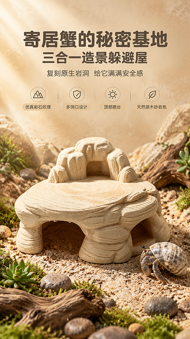 [商品] 使用【图6】栖砂款（原木砂岩色）躲避屋；保留双洞结构、顶部晒台、背部山峦造型、仿岩石纹理、原木砂岩质感和颜色；产品朝向、比例、结构完全一致。

[画面] 第1张 首屏KV海报 目标建立高级造景第一印象。采用氛围大片型版式，竖版9:16。产品放置在画面中下部，占画面约50%，略微仰视角度。产品置于真实爬宠缸造景中：底部铺细腻椰土钙砂，周围散落天然鹅卵石、迷你多肉植物、苔藓、一小段枯木，营造原生栖息地氛围。右下角有一只灰白寄居蟹正爬向躲避屋洞口，增加真实使用感。背景是暖米色砂石渐变，上方有柔和的丁达尔光效穿过，营造温暖自然的高级氛围。顶部留白放置主标题。

[视觉] 套系策略：风格=高级自然造景风 商业摄影质感；标题字=现代简约无衬线粗体 圆润亲和；正文字=简洁无衬线细体；主色=暖米砂石色；背景延展=基于暖米色做深浅层级 砂石纹理渐变 自然光影；强调色=苔藓绿 仅用于小面积植物和图标点缀；标题色=深棕灰；正文色=中暖灰；组件=圆角浅米色信息卡 细线引线 自然质感图标；光影=左上方暖柔自然光 丁达尔光效 柔和接触阴影。

[文字] 顶部居中放置主标题，分两行：第一行"寄居蟹的秘密基地"字号最大粗体，第二行"三合一造景躲避屋"字号略小。主标题下方一行副标题："复刻原生岩洞 给它满满安全感"。文字全部深棕灰色，居中对齐，不遮挡产品主体。

[规格] 图片比例9:16竖版，4K，避免变形、错字、文字过小、卡通风格、冷蓝背景、产品颜色改变、结构失真、水印、平台Logo。