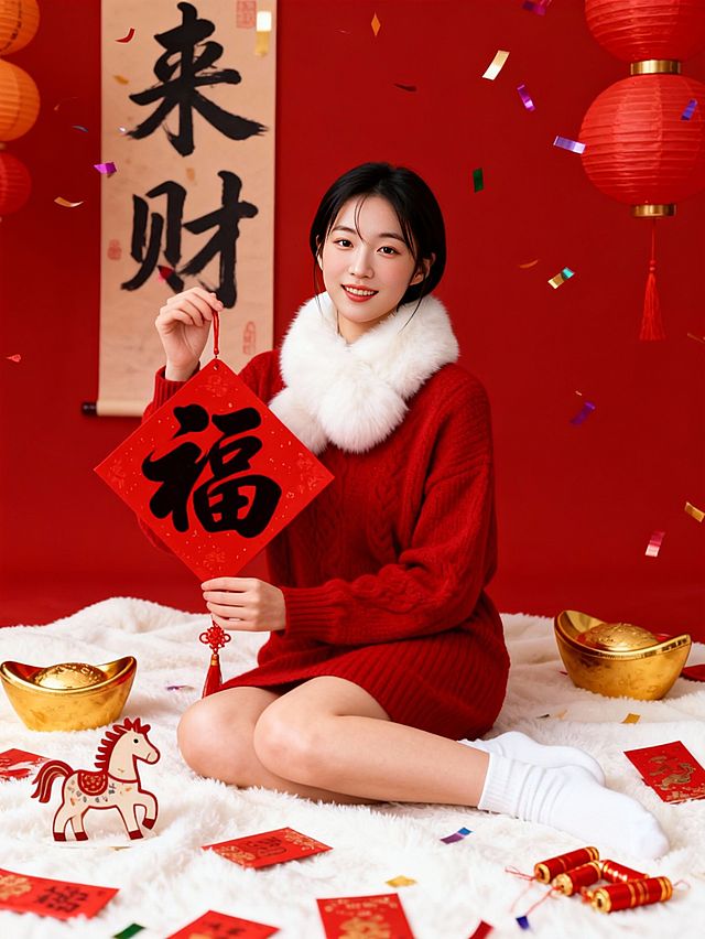 图示人物面带微笑，穿红色毛衣裙+白色毛领+白色袜子，坐在白色毛毯上，手里拿着红色“福”字挂饰，周围布置了金色元宝道具、小马窗花、散落的红包、小鞭炮，背景是书法风对联“来财”和灯笼，洒落彩带，红色背景。