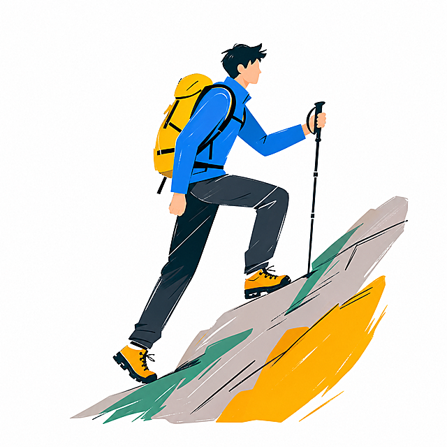 超简约抽象平面插画风格年轻男性正在爬山，抽象概括线条简约，手绘平面插画风格，户外登山穿搭简洁，身穿速干衣和长裤，脚穿登山鞋，手持登山杖，爬山攀登姿势，用简洁的几何线条和色块概括人物形态，白色背景，人物比例统一协调，平面插画风格，矢量感，色彩丰富明快，手绘笔触感，全身像，极简主义风格