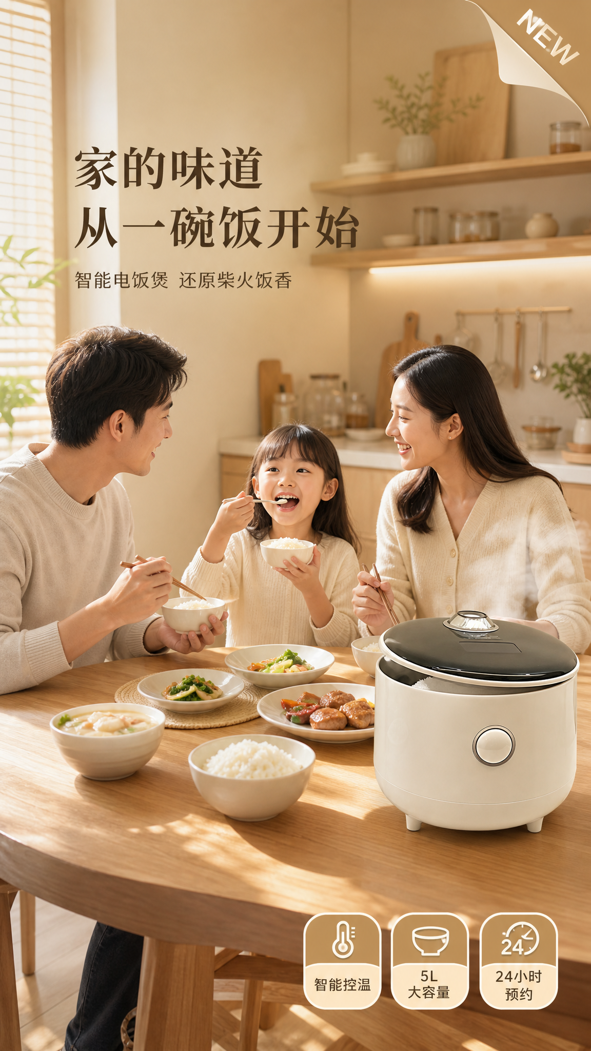 电饭煲电商海报，简约风格，浅木色调，温馨家庭氛围。画面为厨房餐… - 图片创意预览