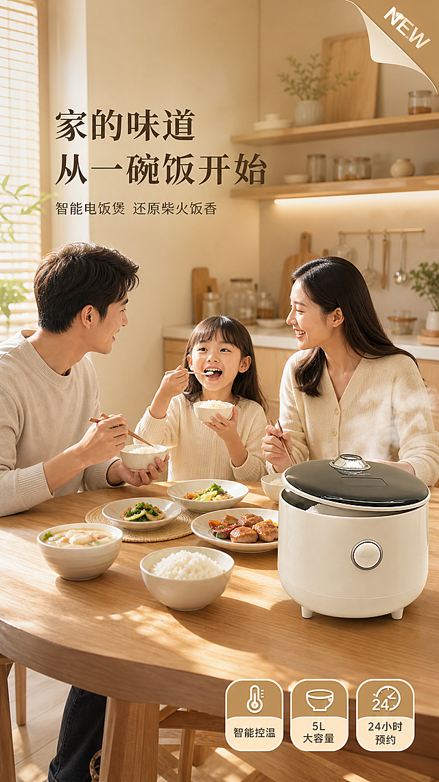 电饭煲电商海报，简约风格，浅木色调，温馨家庭氛围。画面为厨房餐厅一体化空间，浅木色餐桌与橱柜，一家三口正在用餐，孩子开心地吃着米饭，父母微笑对视，电饭煲放在餐桌右侧靠前位置，电饭煲100%还原上传商品图的产品外形、结构、比例、材质质感、颜色与正面朝向，以上传图为唯一商品主体来源，完整保留原图中的米白色圆润机身、黑色上盖、银色旋钮、正面圆形按钮、底部支脚等所有细节，设计仅作用于背景、光影、道具、版式和文字区。电饭煲微微开盖，飘出一缕白色饭香蒸汽，旁边摆放一碗刚盛好的白米饭和几碟家常菜。柔和的午后阳光从左侧窗户照进来，在木质桌面上形成温暖的光斑。画面左上方主标题大字："家的味道 从一碗饭开始"，副标题："智能电饭煲 还原柴火饭香"，右下方三个圆角卖点标签："智能控温"、"5L大容量"、"24小时预约"，右上角有"NEW"小角标。版式精美，左右构图，文字放在负空间不遮挡主体，商品主体占比约45%。整体色调以浅木色、米白、暖黄、淡棕为主，柔和自然光，写实商业摄影风格，超高清画质，细腻材质表现。画面中所有信息区域必须填充完整合理的内容，不得出现空白框、空白占位、横线待填写区域、空列表项、空单元格，确保是完整可用的成品海报而非待填写模板。