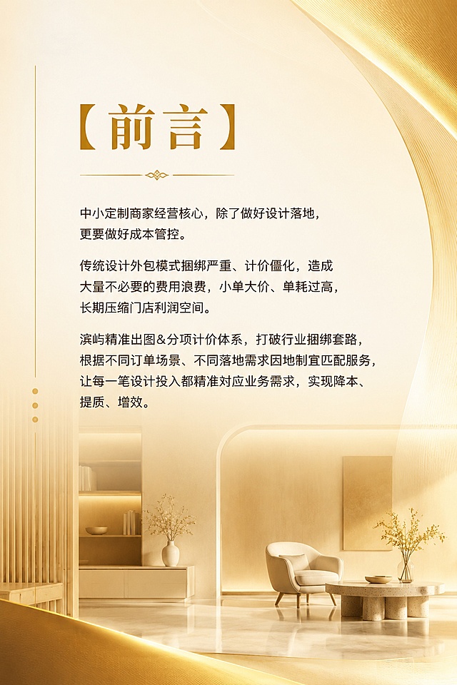 画册内页设计，竖版，金黄色调，高端大气，适当留白。背景为极简风格家居空间元素，暖金色渐变。页面顶部标题"【前言】"，正文内容："中小定制商家经营核心，除了做好设计落地，更要做好成本管控。传统设计外包模式捆绑严重、计价僵化，造成大量不必要的费用浪费，小单大价、单耗过高，长期压缩门店利润空间。滨屿精准出图&分项计价体系，打破行业捆绑套路，根据不同订单场景、不同落地需求因地制宜匹配服务，让每一笔设计投入都精准对应业务需求，实现降本、提质、增效。"文字排版整齐美观，标题突出，文案清晰易读，2:3竖版构图