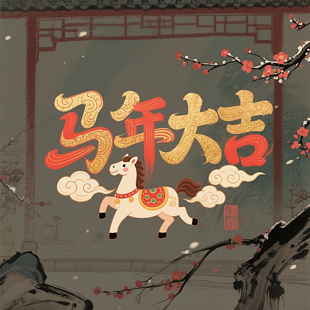 中式手绘马年卡通祝福艺术字