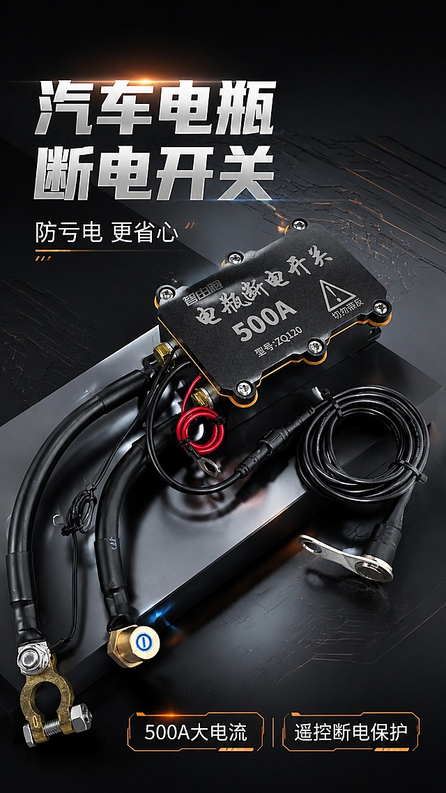[第1屏] 详情页头图-智由跑500A汽车电瓶断电开关宣传头图。本屏使用【图1】作为商品主体。
[氛围/风格] 专业科技工业风，深灰科技背景，金属质感光影，商业摄影质感，凸显汽车配件专业可靠气质。
[元素布局] 产品主体位于画面中央偏右下位置，占比约70%，产品结构、接口、接线、颜色与输入产品图保持完全一致，保留500A型号标识和警告标语；左上预留主标题区域，底部放置信息条点缀，背景增加简约电路纹理增加科技感。
[光影质感] 左前方主光源打亮产品主体，右侧辅以柔和辅光，产品底部自然投影，金属接头和外壳保留清晰高光，结构轮廓清晰锐利。
[配色色系] 全局底色 #1A1A1E，主色产品黑金色，辅助色深灰纹理，点缀橙色标识。
[视角构图] 45°斜侧视角，产品为绝对视觉中心，阅读动线左上标题 → 中央产品 → 底部信息。
[文字版式] 版式采用大标题压迫型：顶部大字主标题「汽车电瓶断电开关」，副标题「防亏电 更省心」，底部两个胶囊卖点标签「500A大电流」「遥控断电保护」，所有文字不遮挡产品主体，清晰易读。
[比例分辨率] 9:16竖版比例，4K分辨率，文字清晰可辨，高清画质。
[负向提示词] 产品变形，缺件错件，文字错乱，颜色偏差，包装文字模糊，背景杂乱，水印。