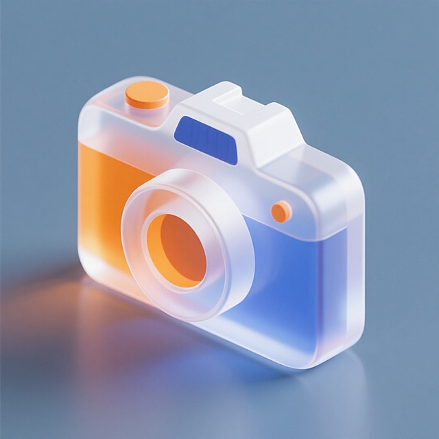 未来感与科技感交融的3D相机图标，采用轻拟物与玻璃风设计，清透材质搭配柔和渐变色，营造舒适视觉体验。